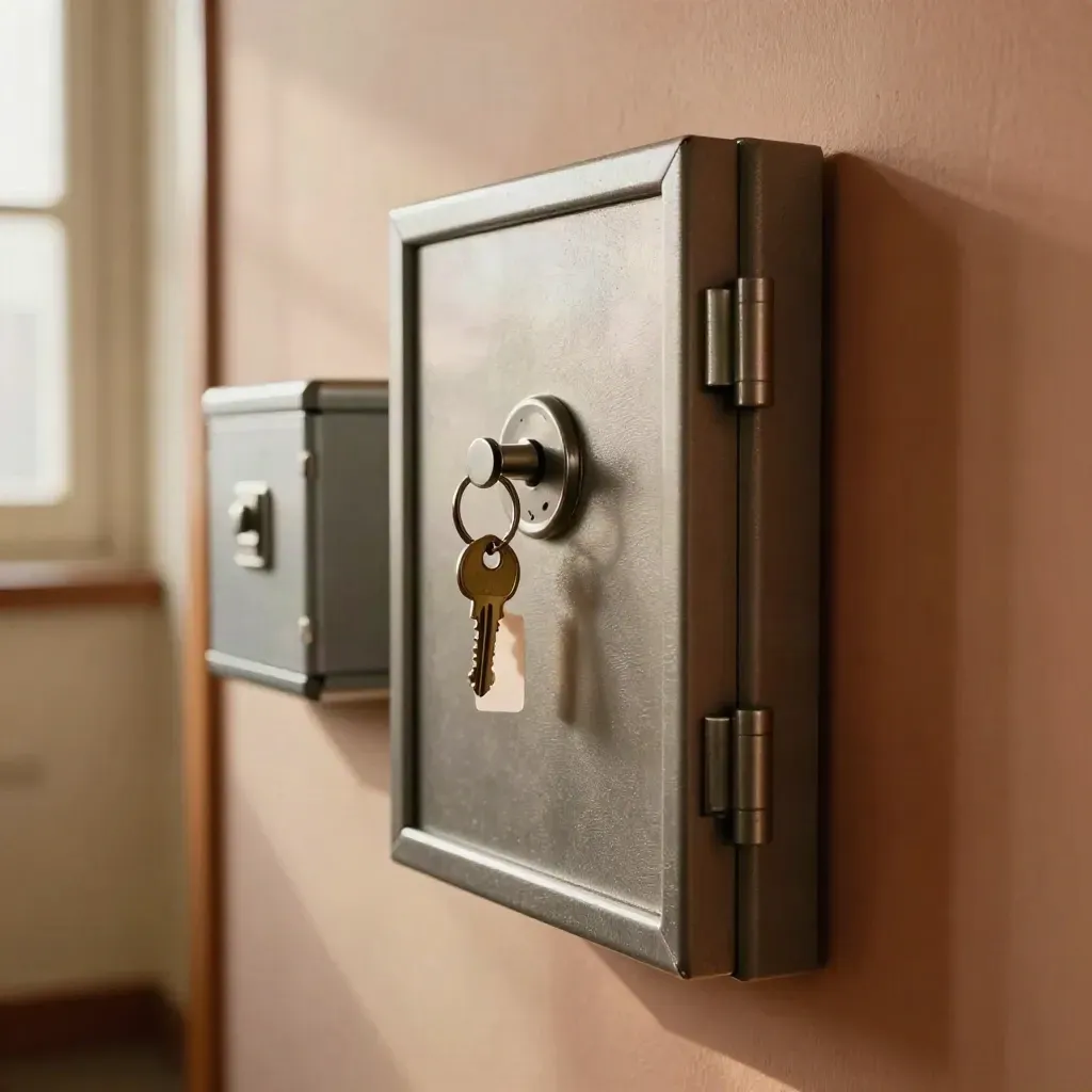 Stainless key safe closing beside a brass key ring and compact lockbox on a warm plaster wall.