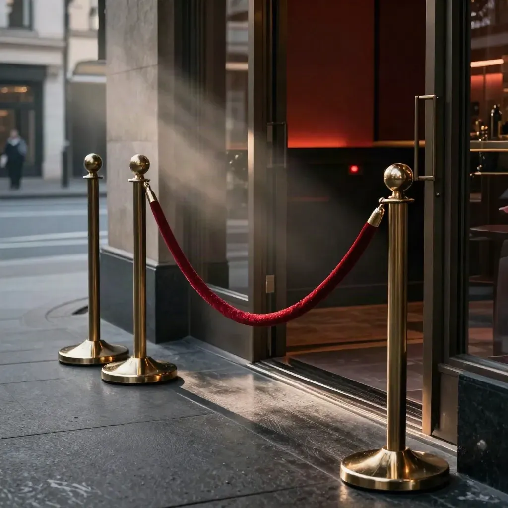 Empty club entrance at night with velvet ropes, bollards, and cool security lighting.