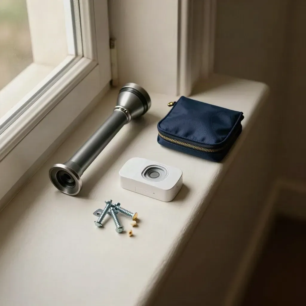 Security site-visit kit on an entry ledge with torch, sensor, anchors and a navy pouch.