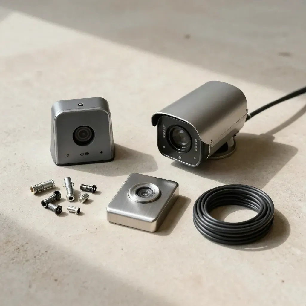 Overhead flatlay of installed security hardware neatly arranged on pale concrete.